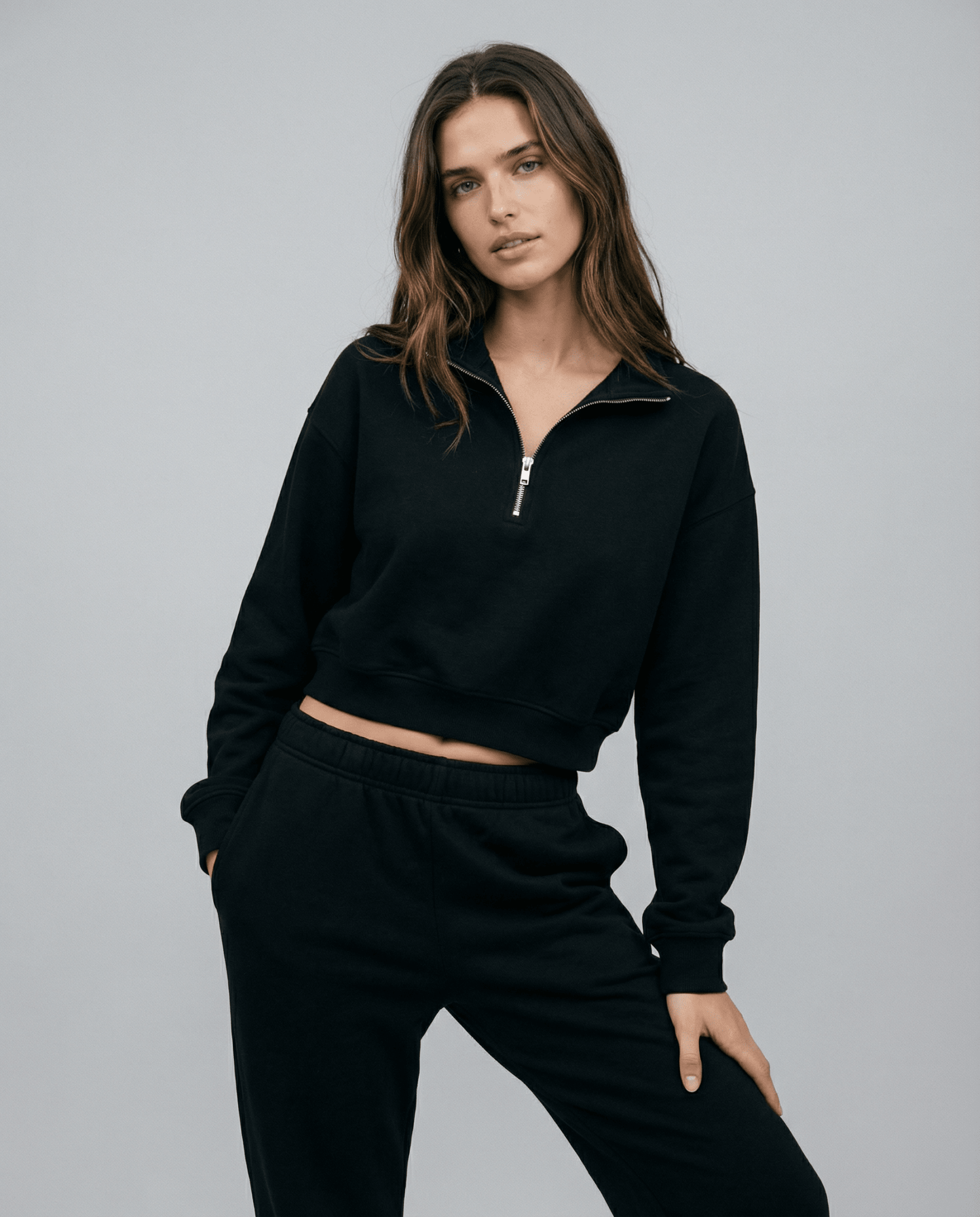 Women's Cropped Half-Zip Pullover Sweatshirt in Black - Image 2