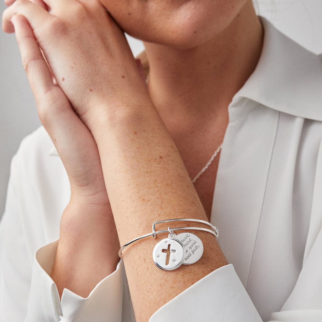 Hidden Message Cross Affirmation Bangle in Sterling Silver