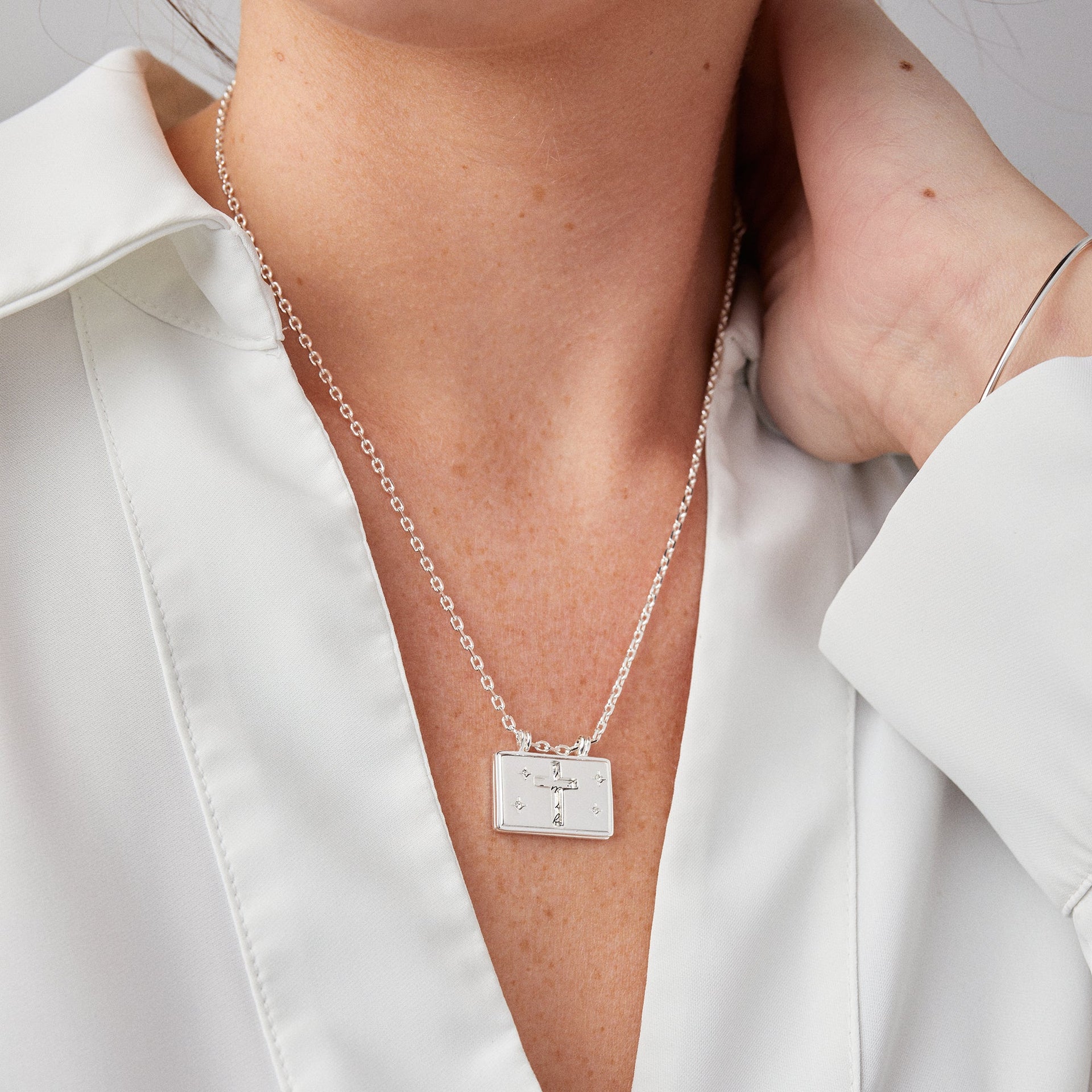 Hidden Message Cross Affirmation Necklace in Polished Silver
