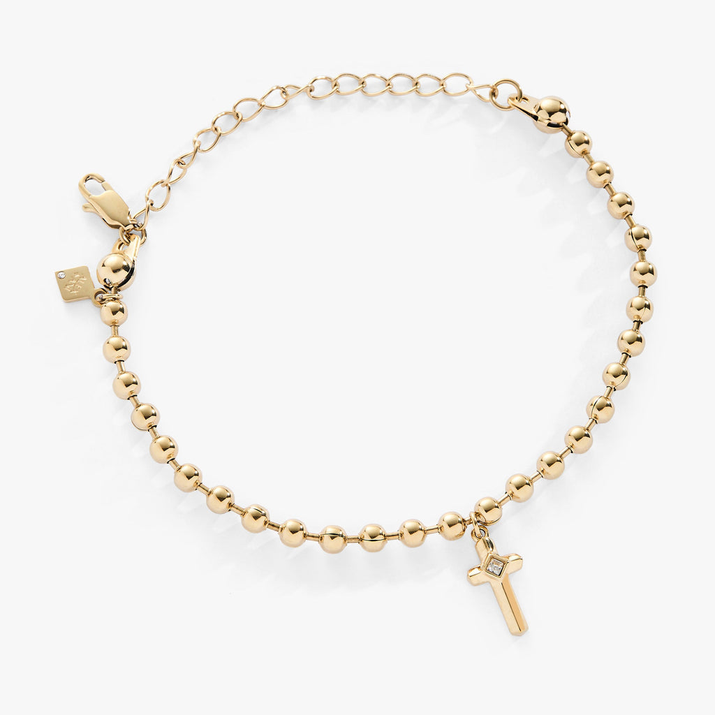 Alex and Ani cross charm bracelet on a ball chain with a clear crystal accent