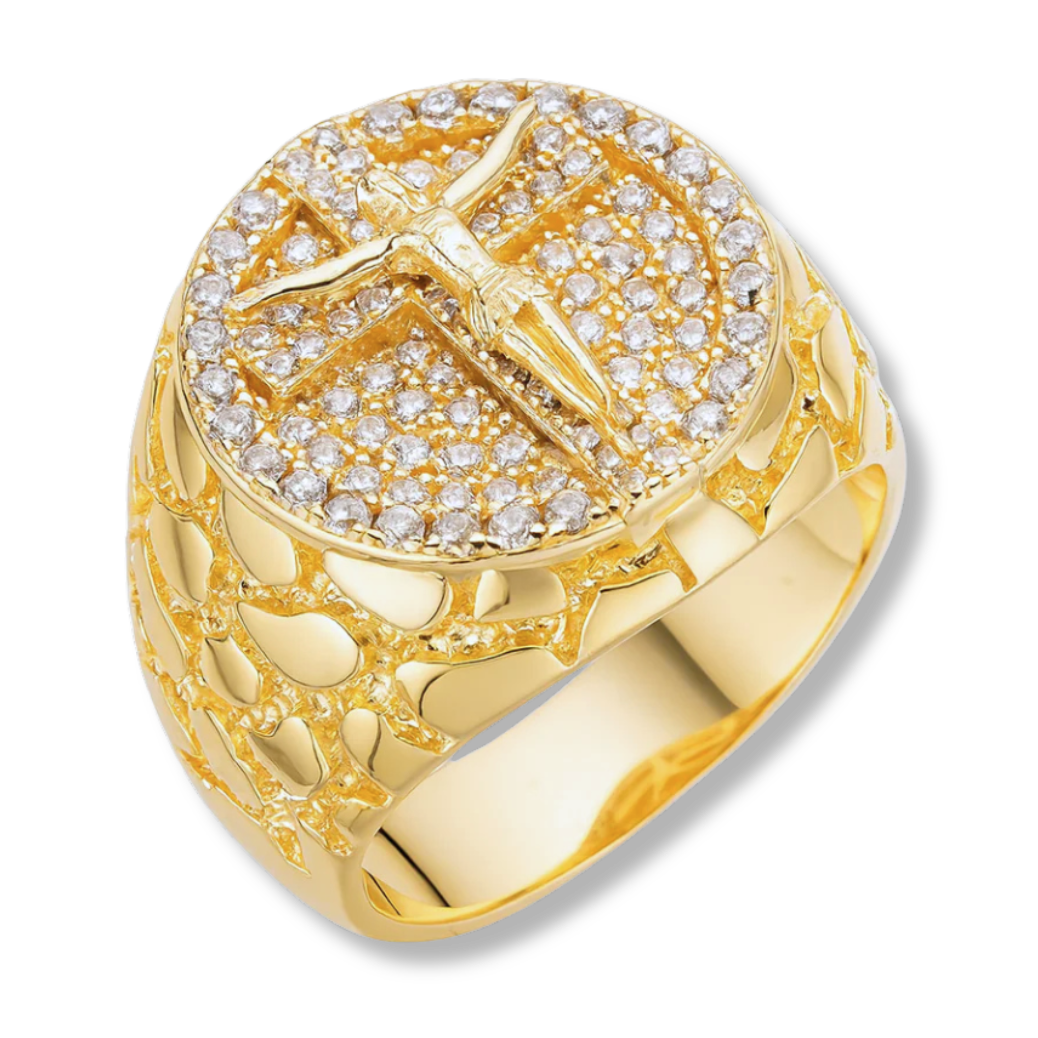 Jesus Crucifix Cross Moissanite Nugget Ring 14K Gold Over Solid 925 Sterling Silver