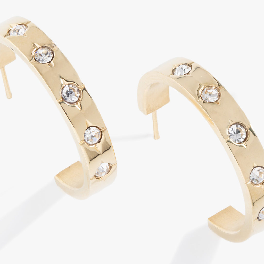Gold Crystal Accent Hoop Earrings with Celestial Star Details