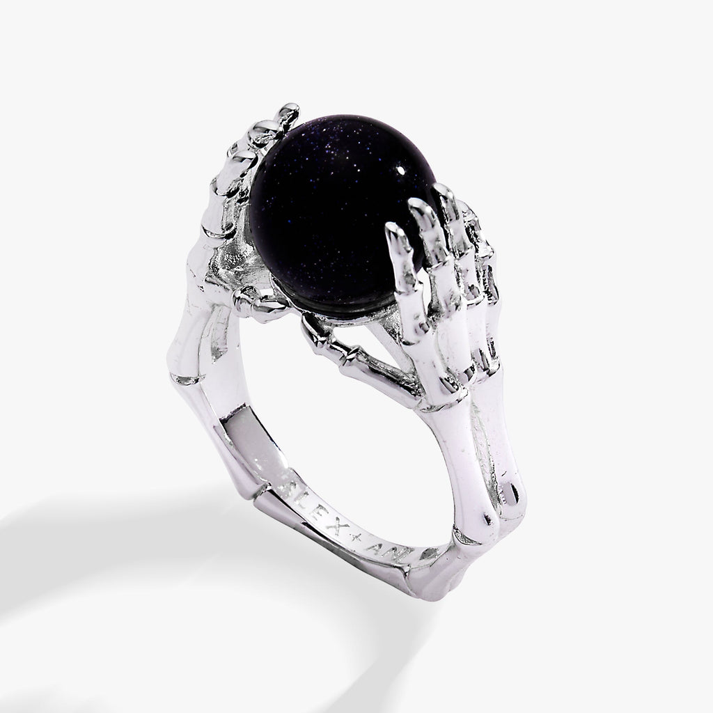 Crystal Ball Statement Ring with Skeleton Hands in Polished Silver