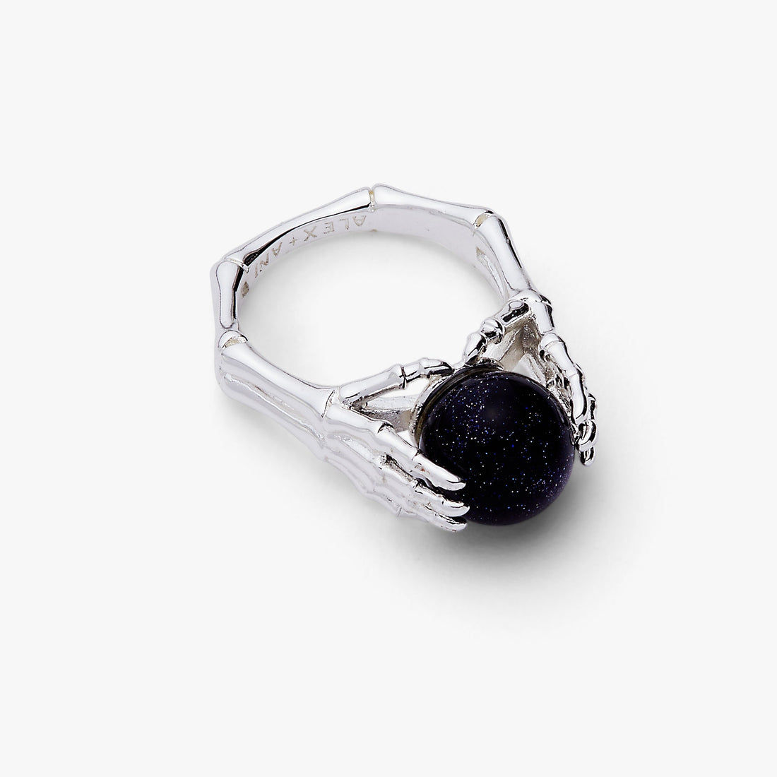 Crystal Ball Statement Ring with Skeleton Hands in Polished Silver