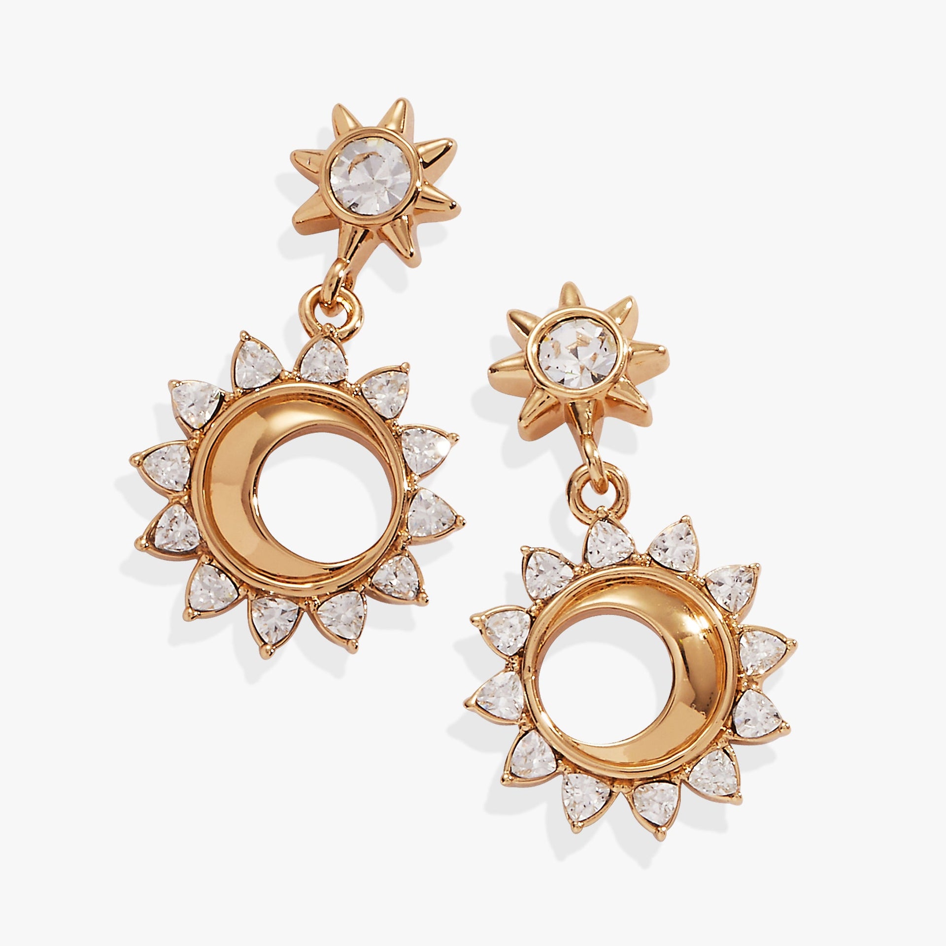 Crystal sun and crescent moon drop earrings with teardrop gem accents