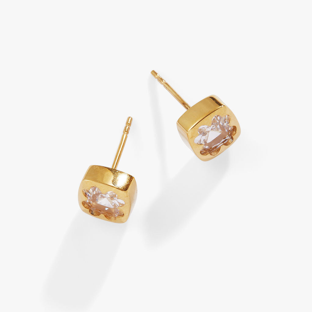 Crystal Clover Mini Stud Earrings in gold-tone with clear crystals on a white background.