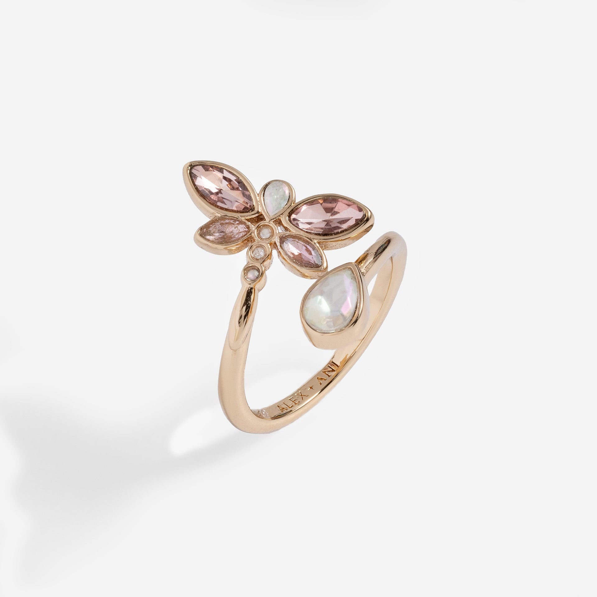 Crystal Dragonfly Wrap Ring with White Opal and Rose Crystals