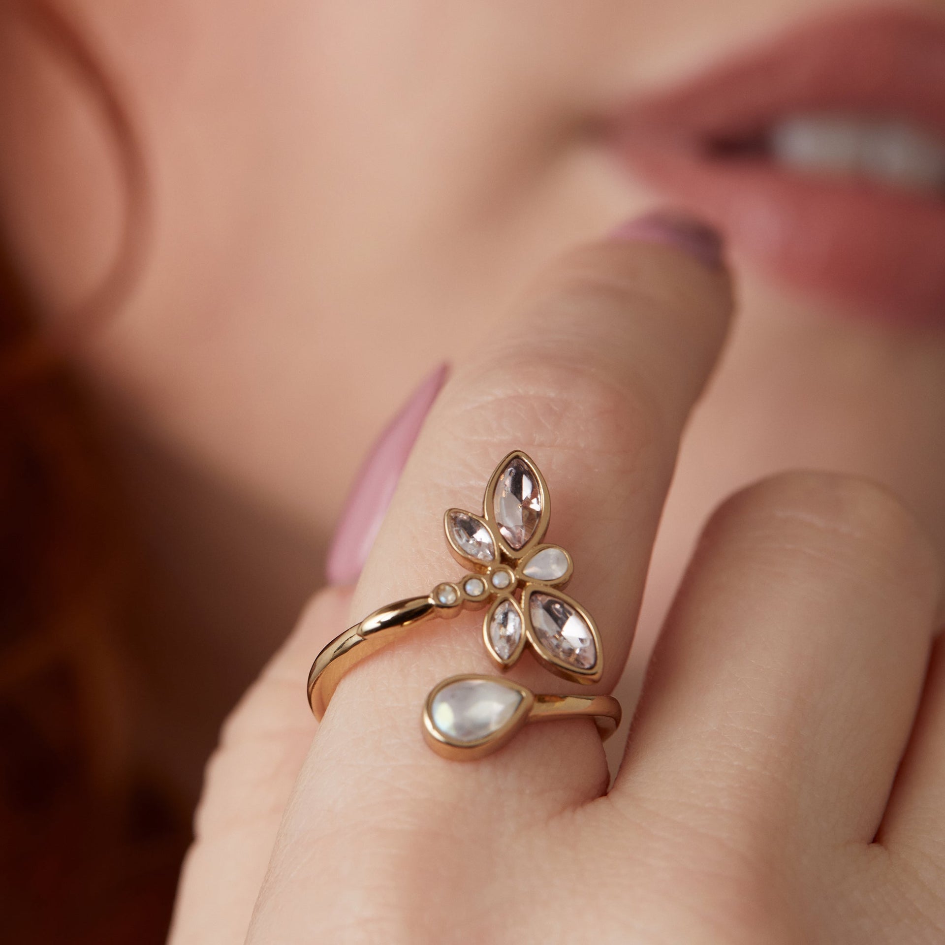 Crystal Dragonfly Wrap Ring with White Opal and Rose Crystals