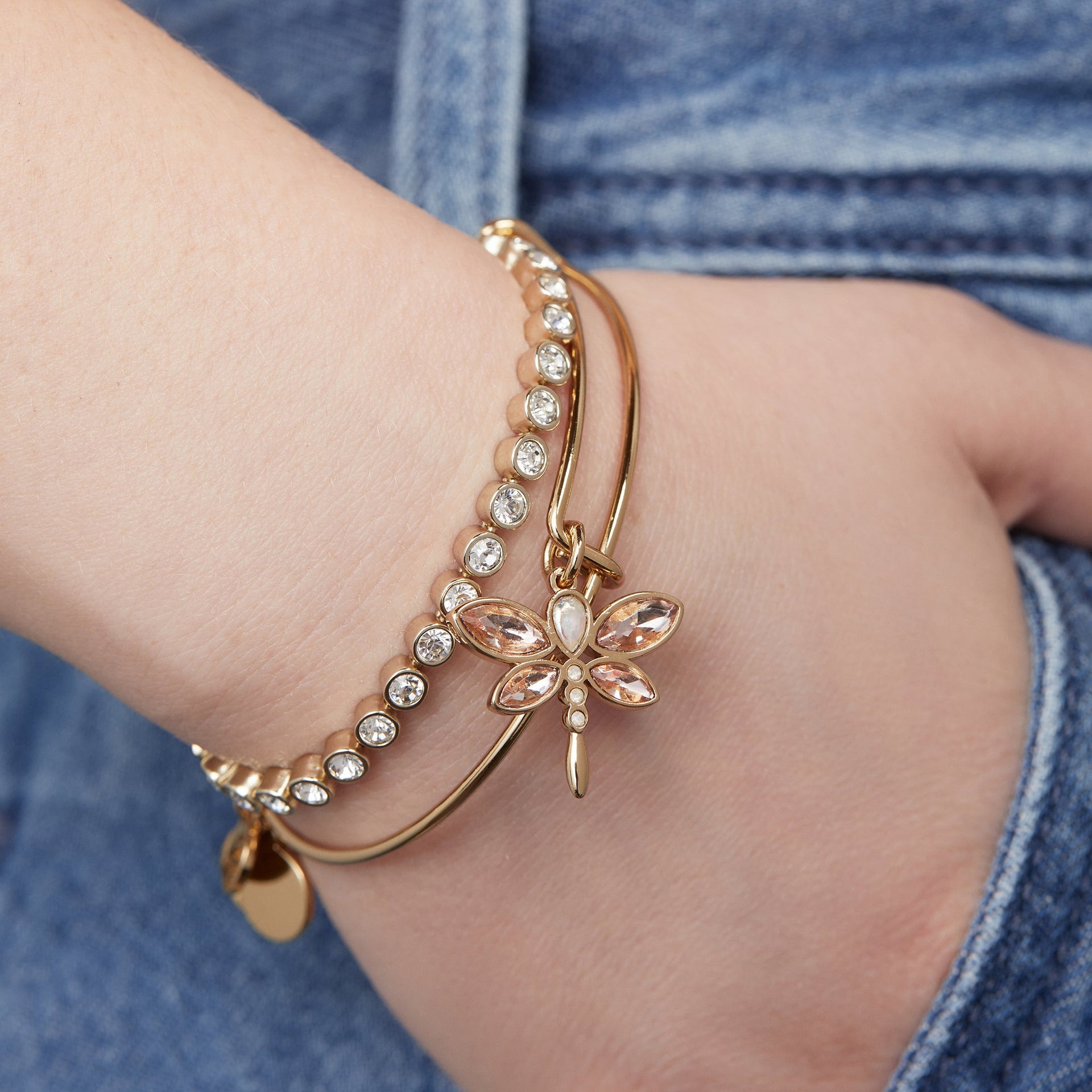 Crystal Dragonfly Bangle in Gold and Pink