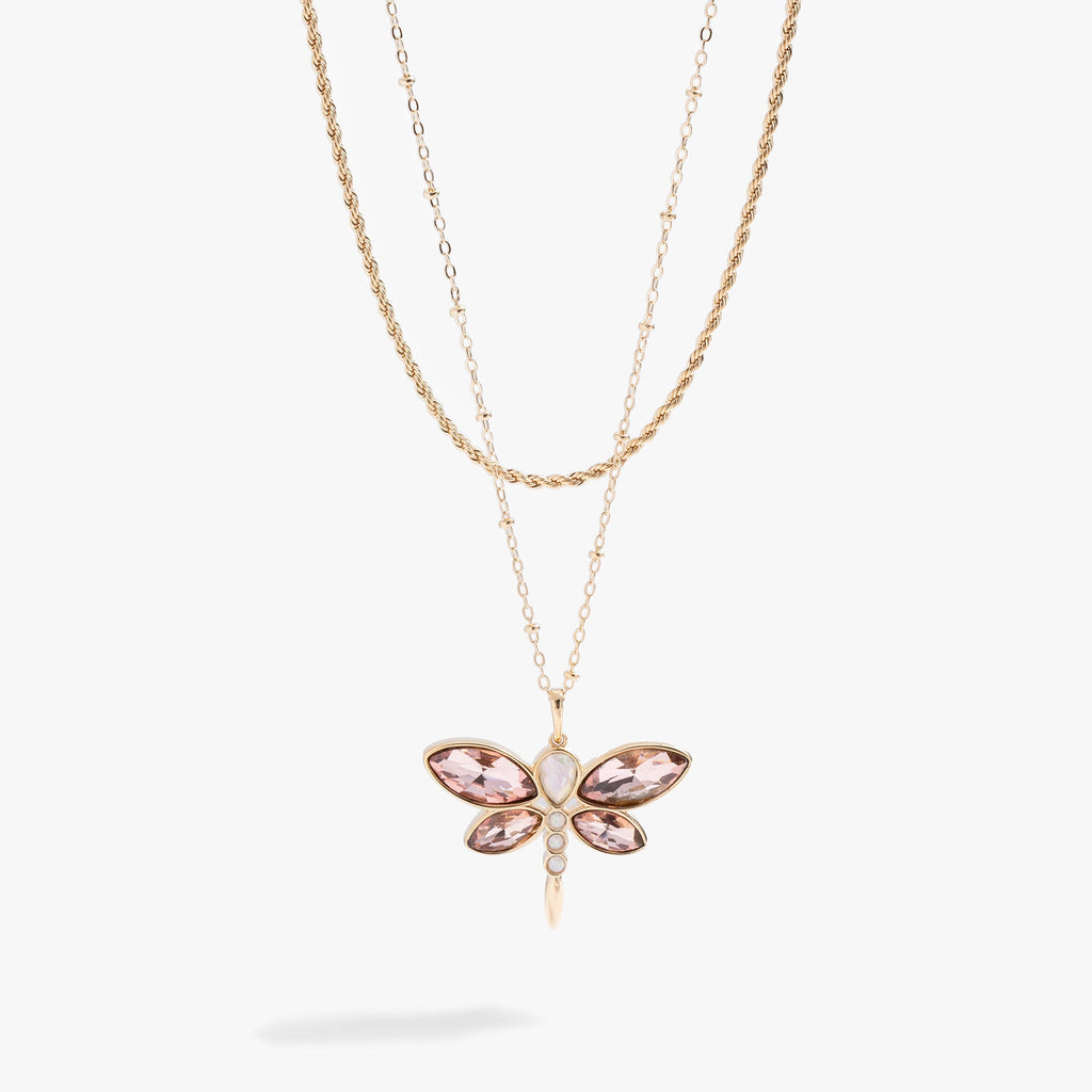Crystal dragonfly pendant on a double-layer chain featuring white opal and light rose marquise crystals.