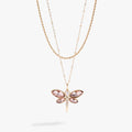Crystal dragonfly pendant on a double-layer chain featuring white opal and light rose marquise crystals.