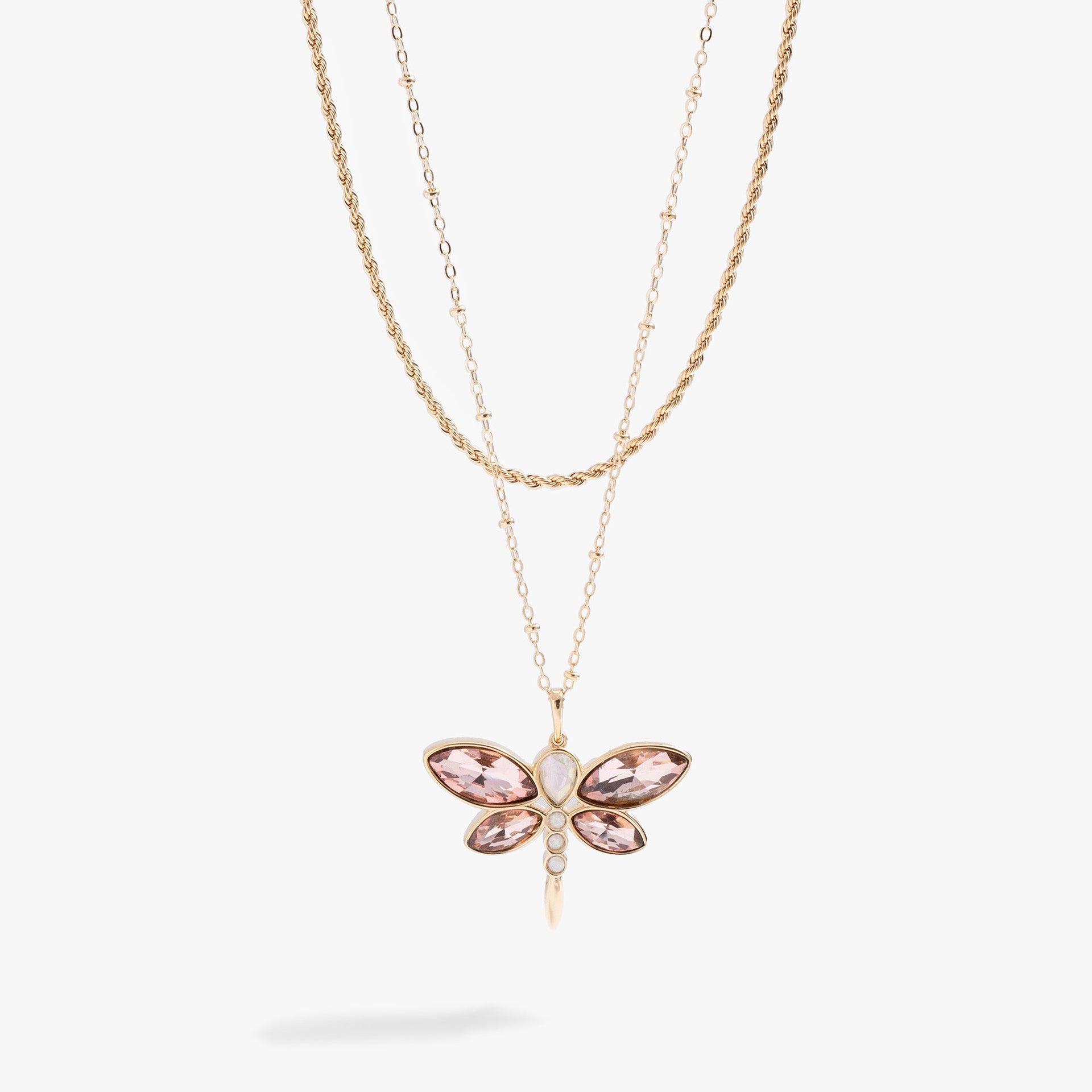 Crystal dragonfly pendant on a double-layer chain featuring white opal and light rose marquise crystals.
