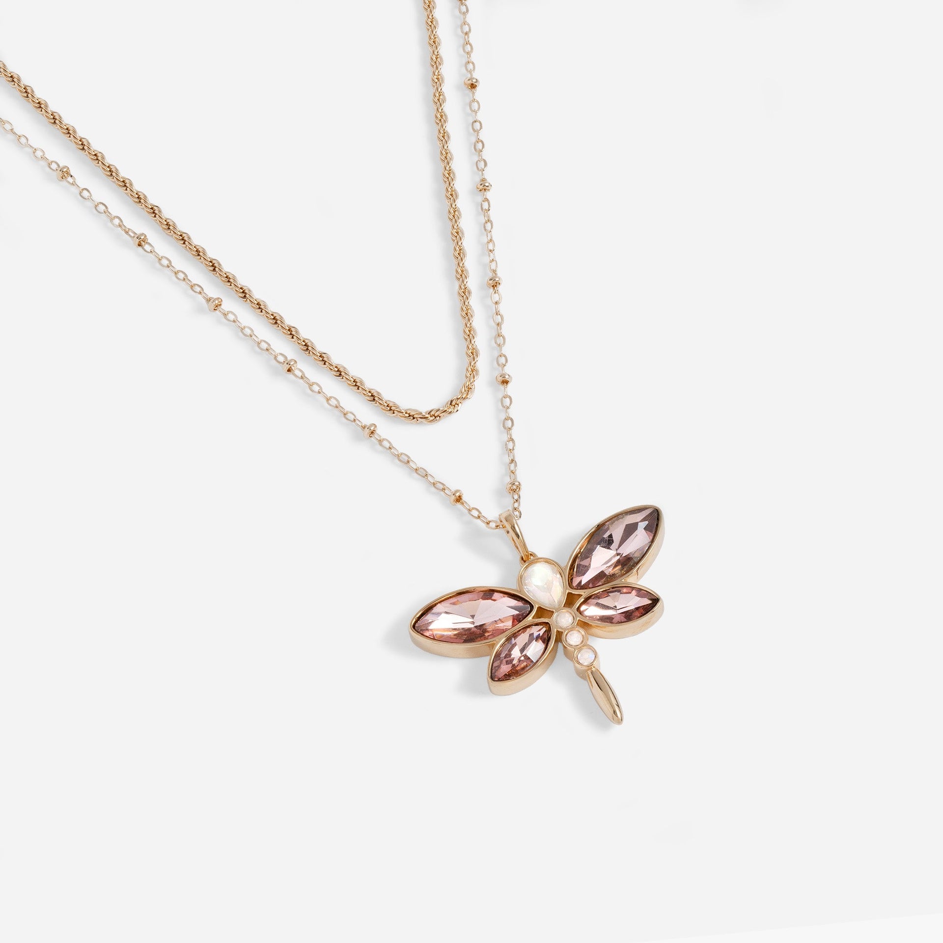 Crystal Dragonfly Double Layer Necklace with Opal and Rose Stones
