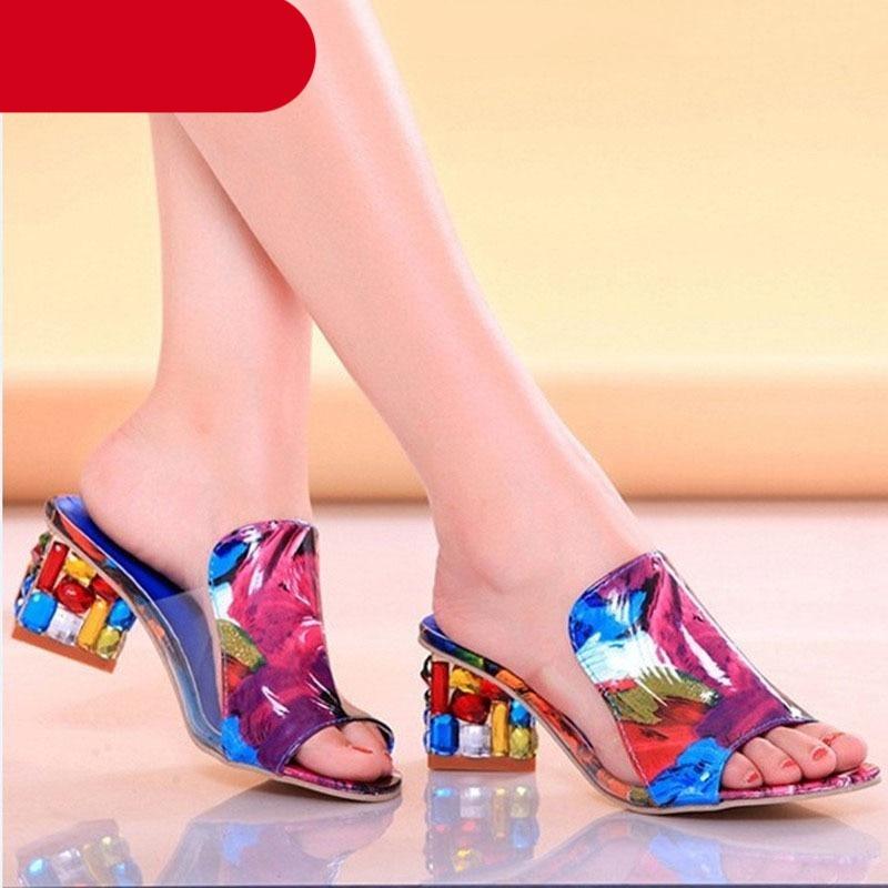 Glamorous square toe block heel sandals with ankle strap in multicolor and black