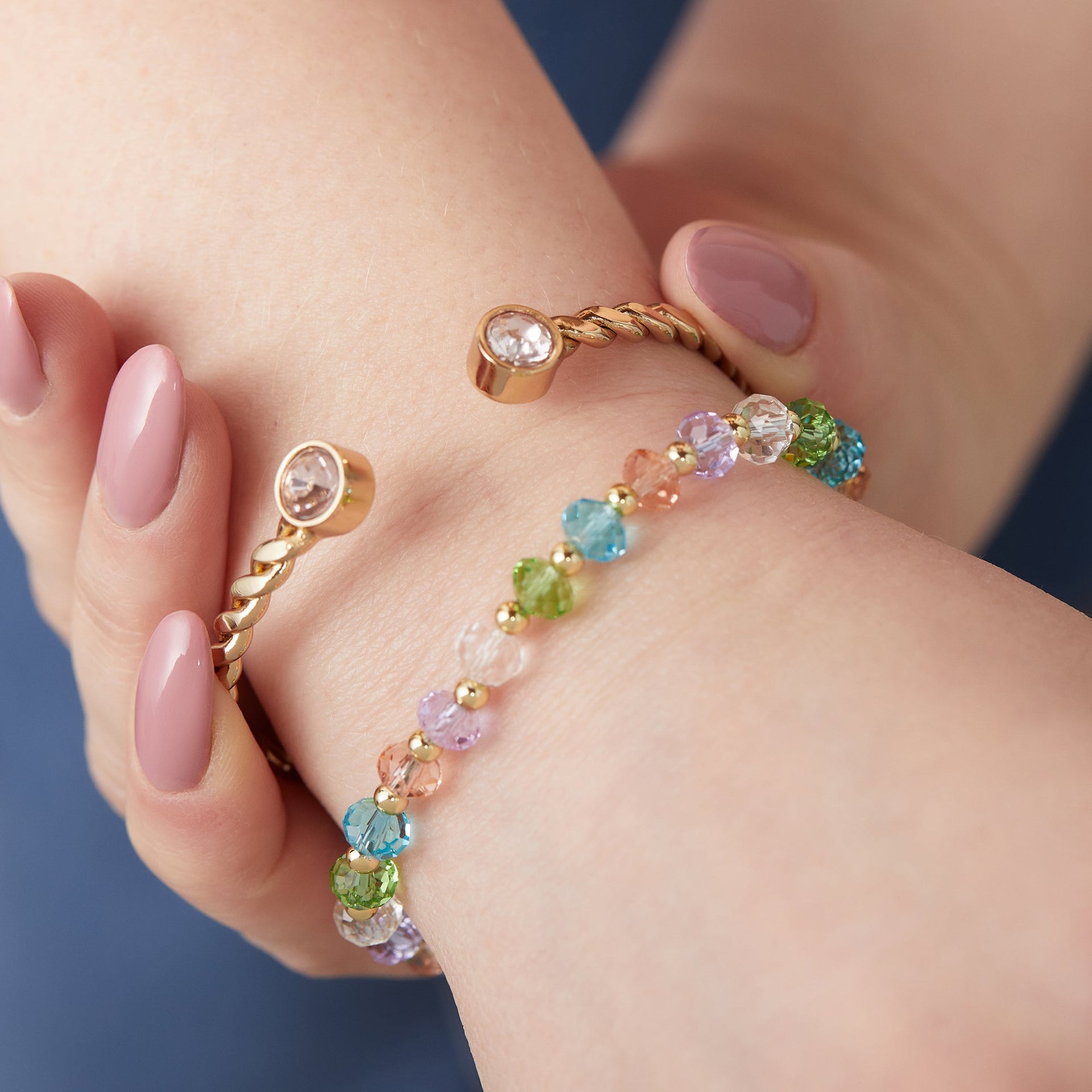Pastel Crystal Rondelle Beaded Bracelet in Gold Tone
