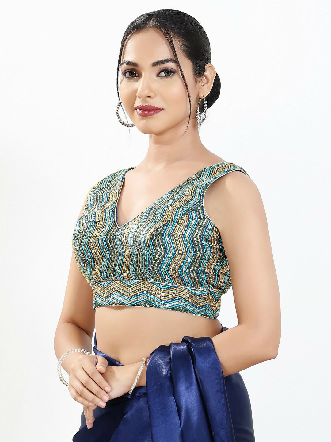 Blue Multi Silk Padded Blouse with V-Neck and Sleeveless Design
