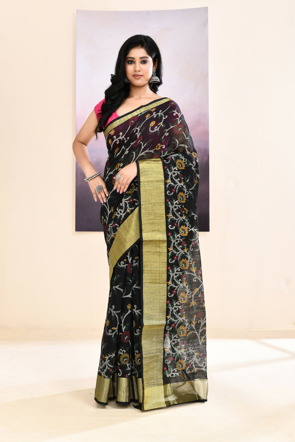 Black Embellished Cotton Blend Printed Saree