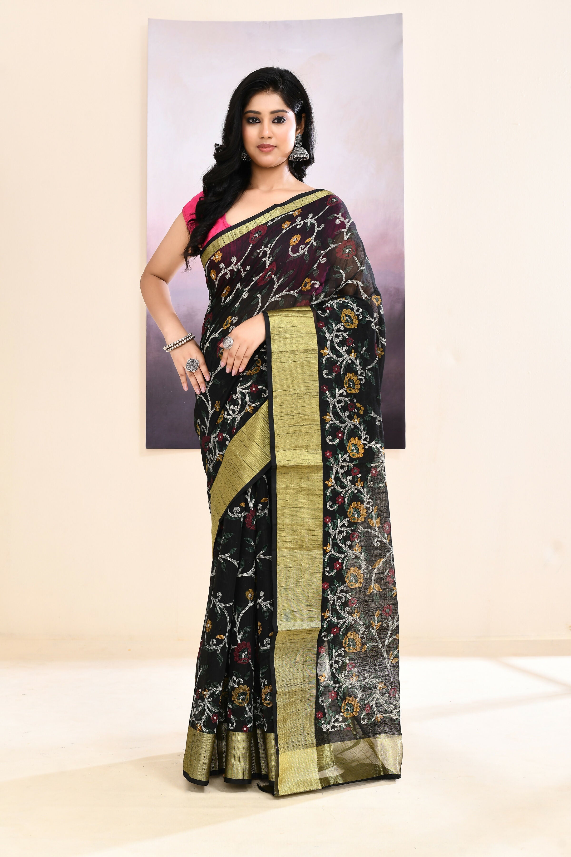 Black Embellished Cotton Blend Printed Saree