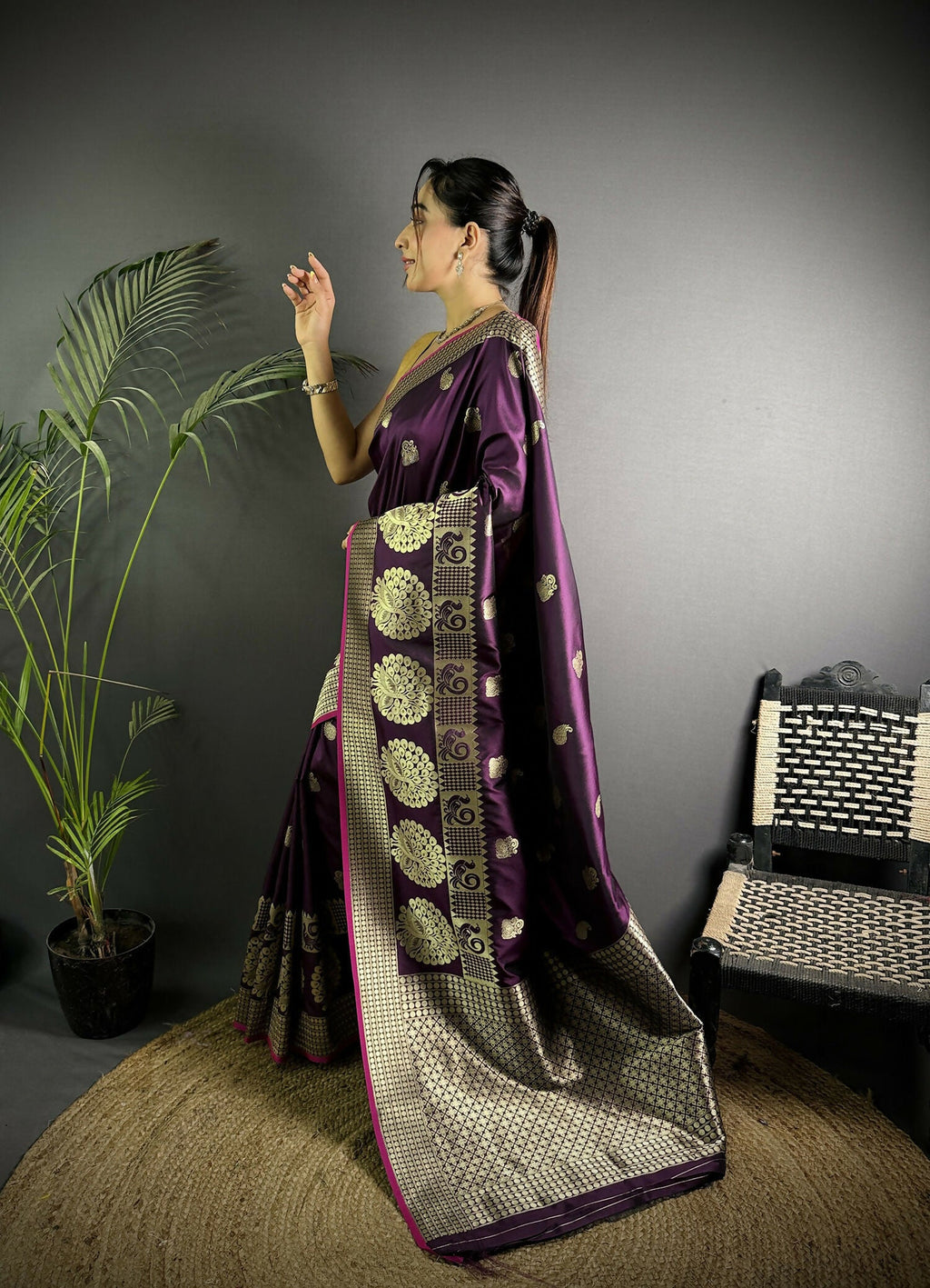 Joban Fashion Wine Banarasi Soft Lichi Silk Paisley Saree
