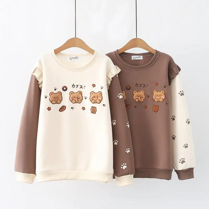 Women's Cartoon Bear Fleece-Lined Pullover Sweater - Image 3