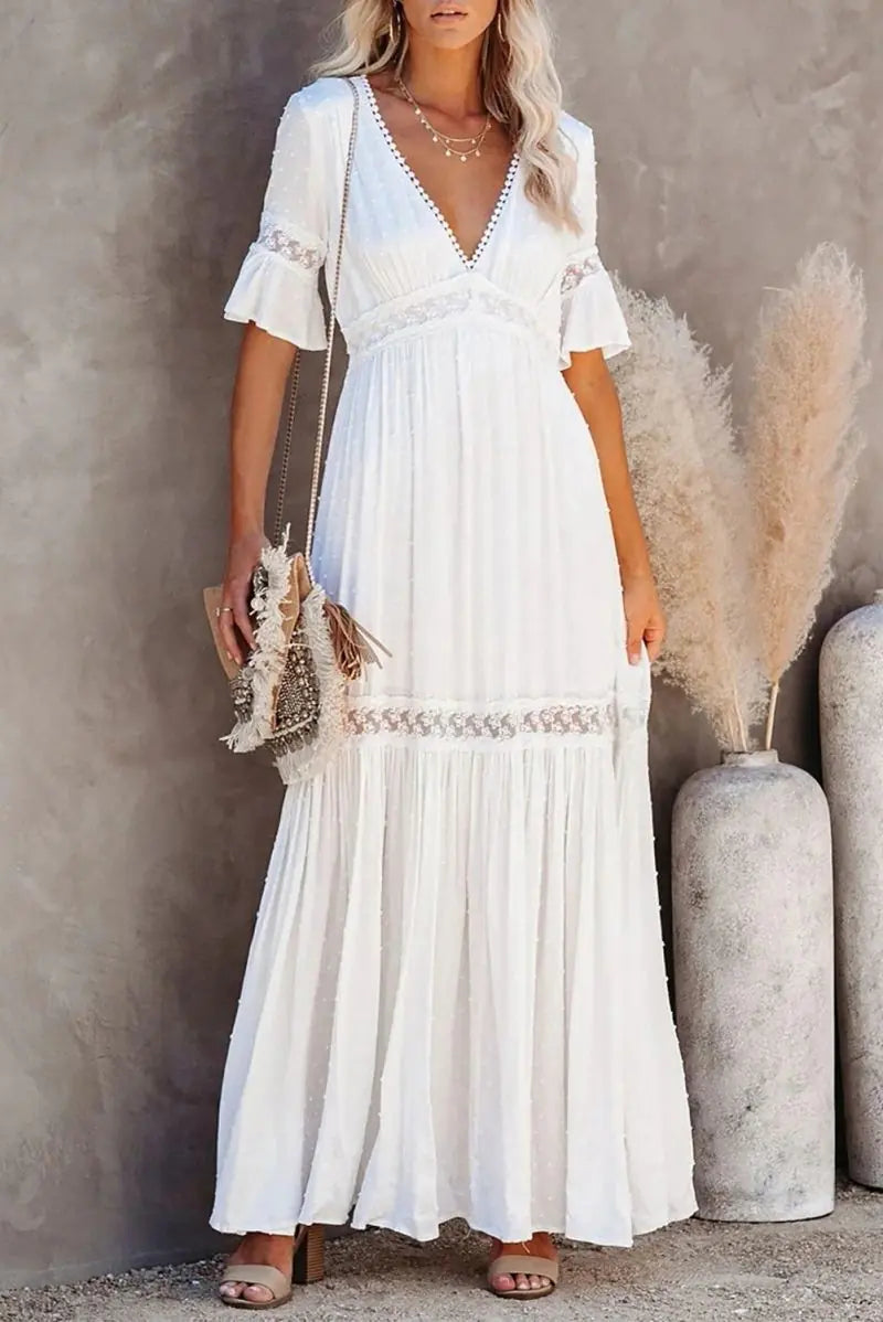 Women's White V-Neck Lace Maxi Dress with Flutter Sleeves - Image 8