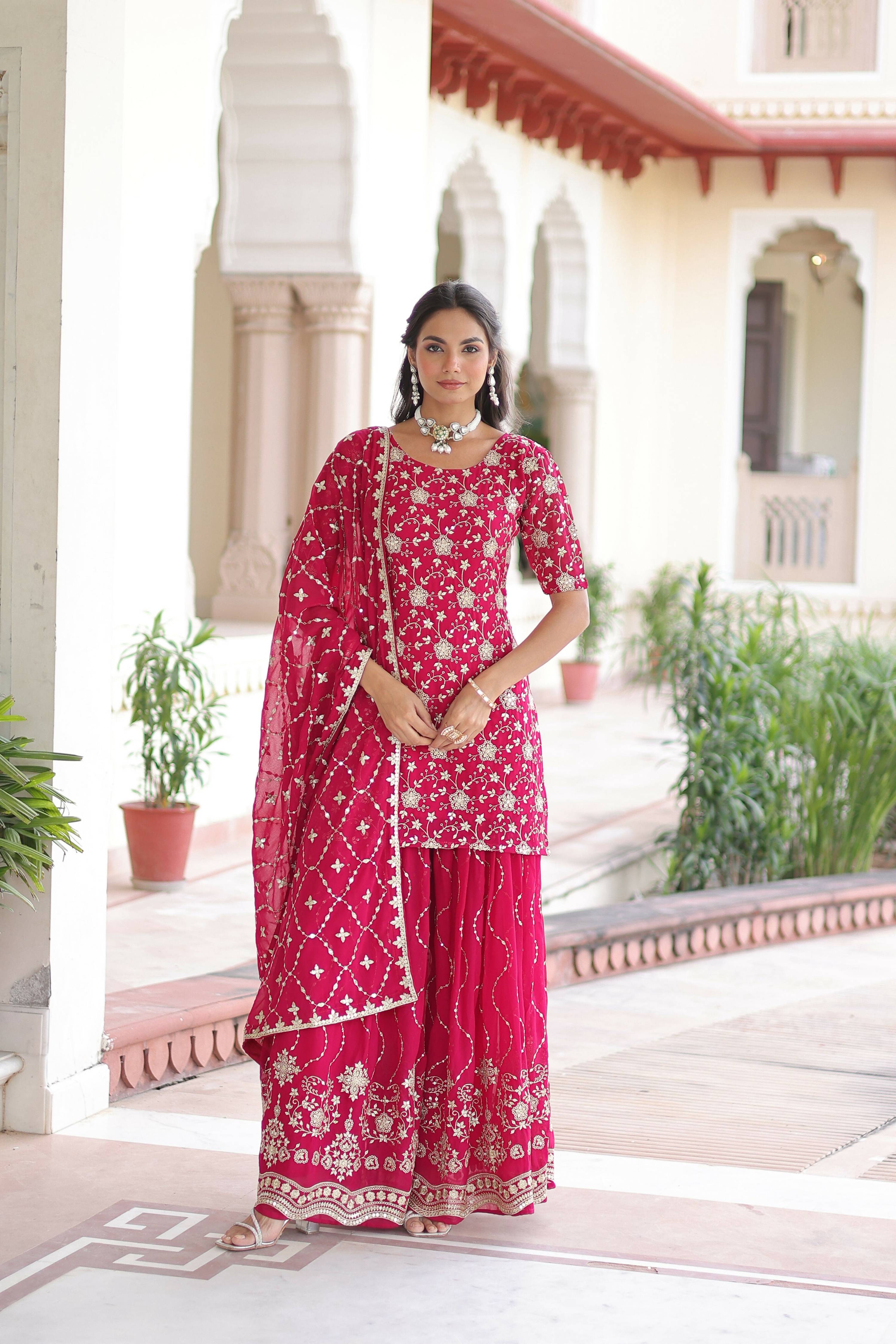 Pink Sequined Georgette Kurta Set with Ready-to-Wear Design