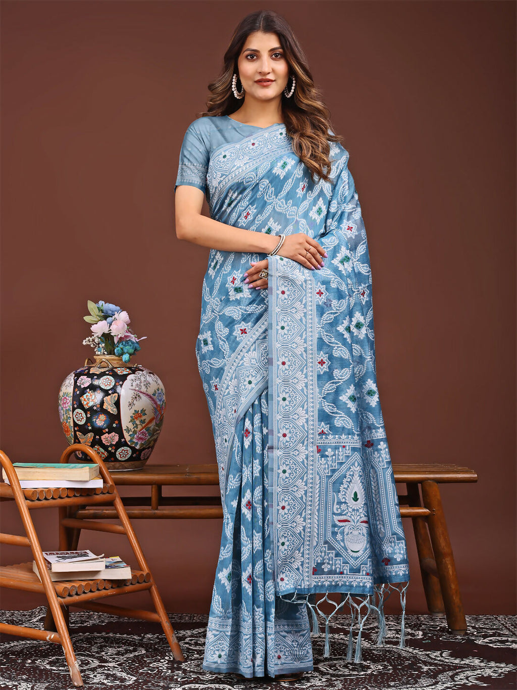 Sky blue linen cotton saree with matching blouse fabric, lightweight ethnic wear