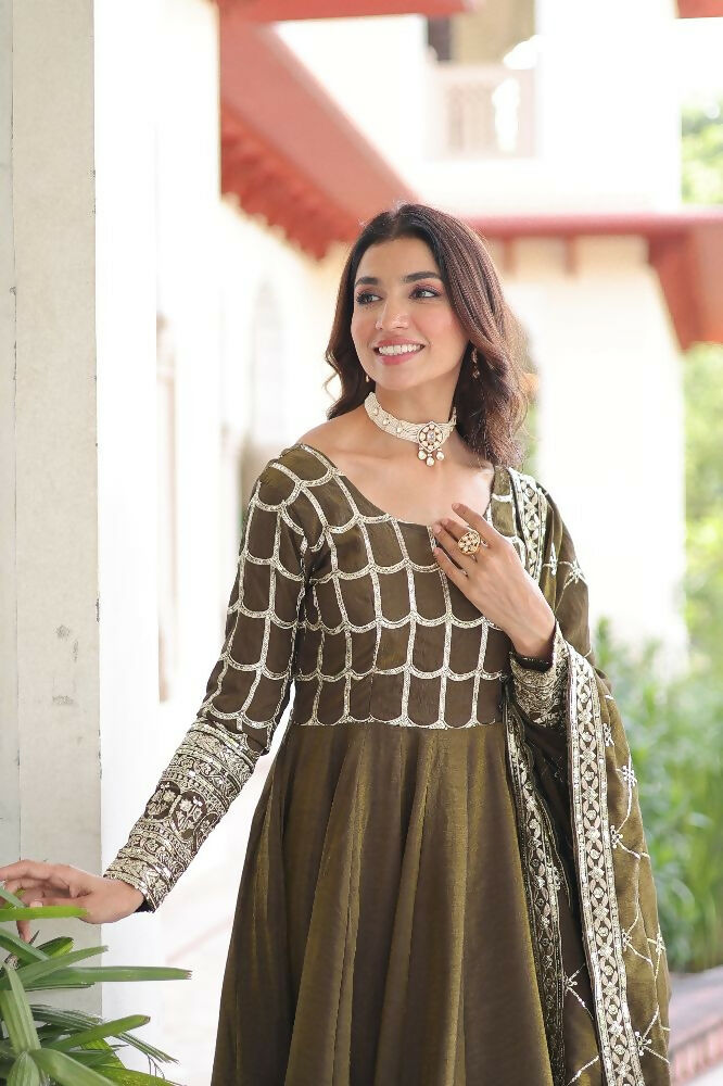 Mehndi Silk Kurta Set with Sequins and Thread Embroidery