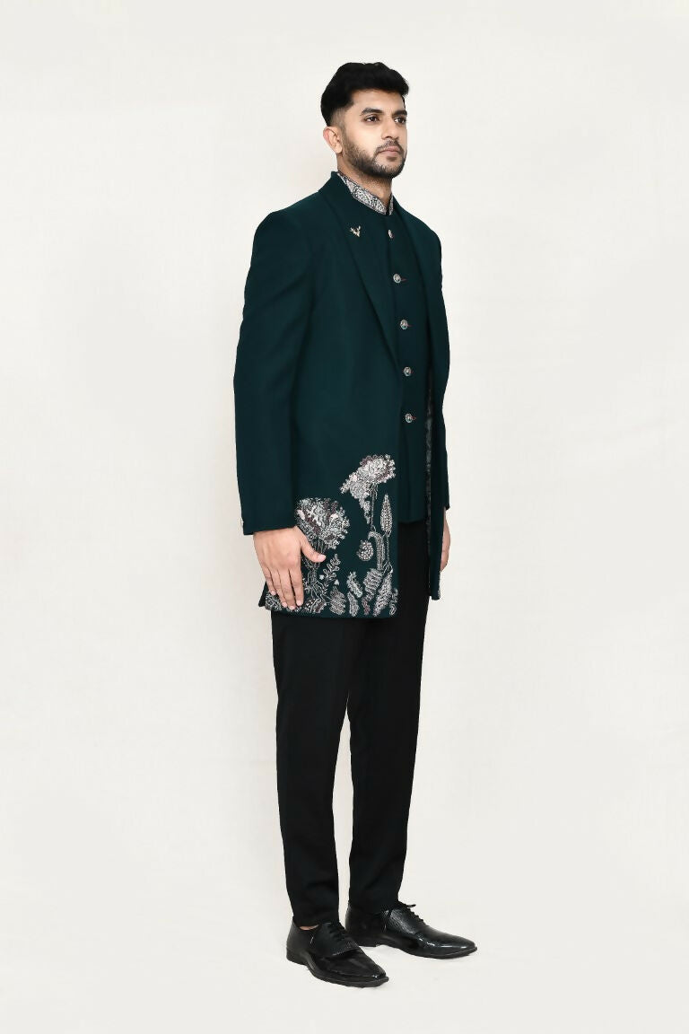 Green Imported Polyester Open Prince Coat and Pant Set