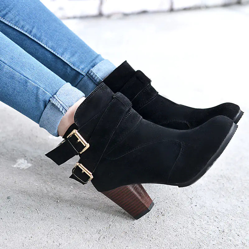 Women's Chunky Heel Ankle Boots with Belt Buckle Detail - Image 30