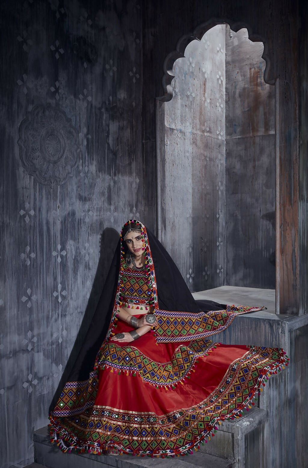 Red Art Silk Navratri Lehenga Choli with Black Dupatta Contrast