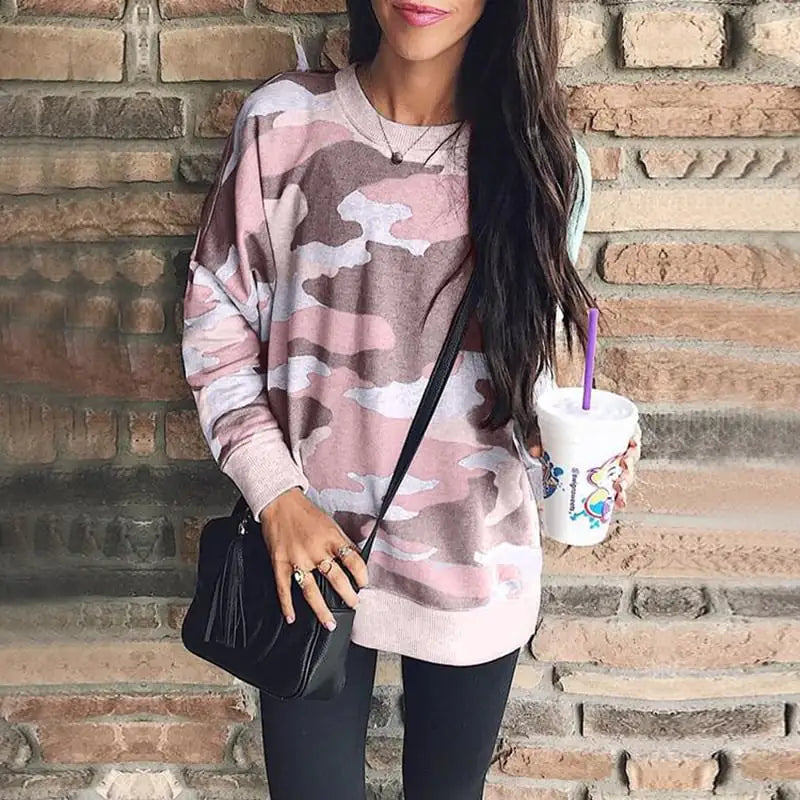 Women's Camouflage Print Round Neck Long Sleeve Pullover Sweatshirt - Image 38