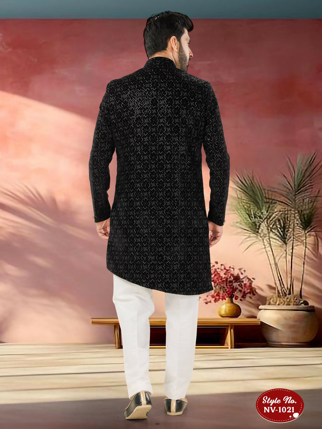 Men's Black Velvet Indo-Western Kurta Set with Thread & Sequence