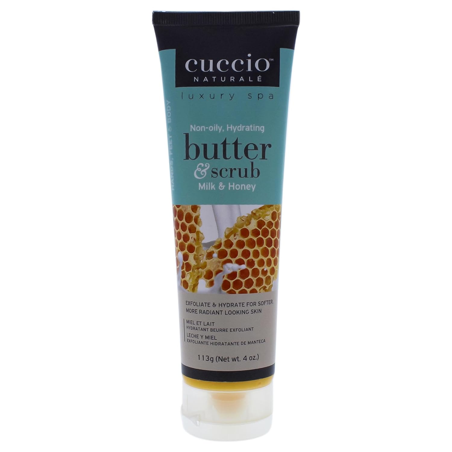Cuccio Naturalé Milk & Honey Butter Scrub 4 oz jar in teal and brown packaging