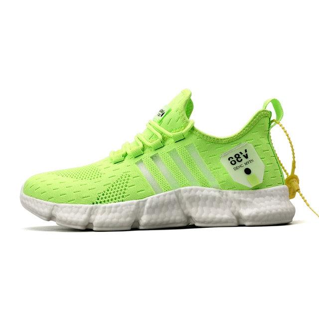 Neon-green and white breathable mesh athletic running sneakers for men