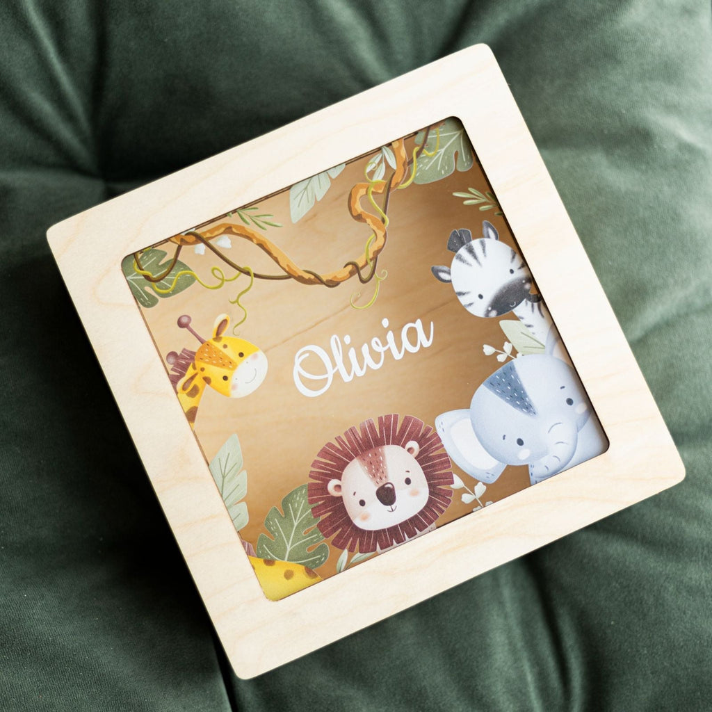 Personalized Safari-themed acrylic memory box for storing baby keepsakes and toys