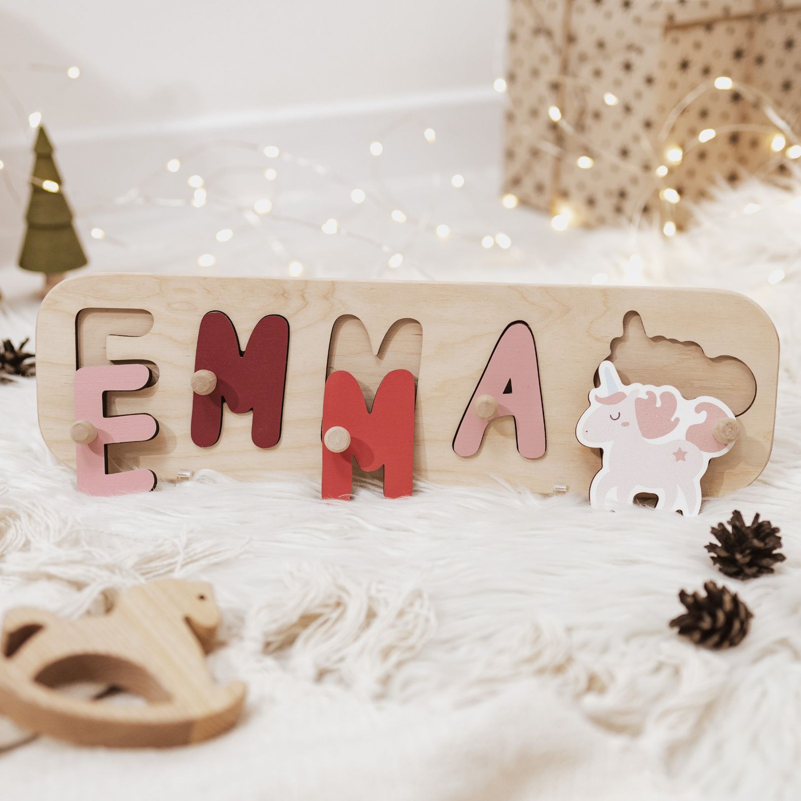 ChildUniverse custom name puzzle featuring colorful wooden letters for toddler educational development