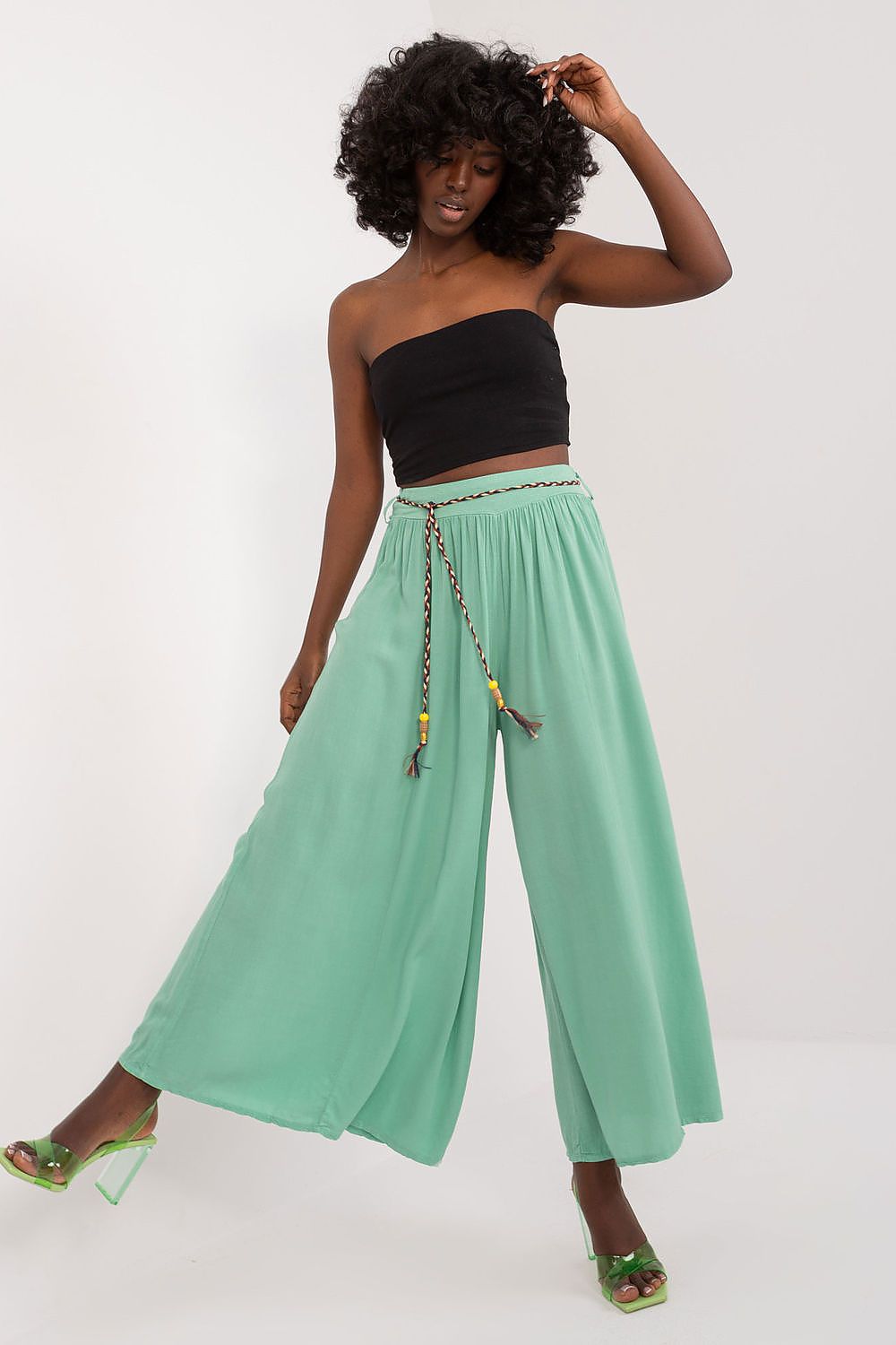 Women's High Waist Wide Leg Viscose Trousers - Elastic Waist with Tie Belt