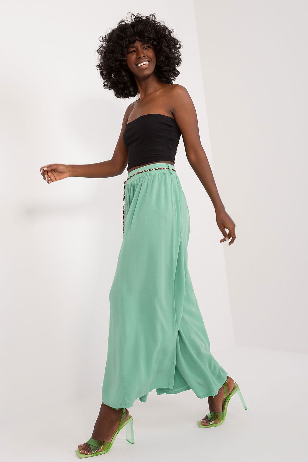 Women's High Waist Wide Leg Viscose Trousers - Elastic Waist with Tie Belt