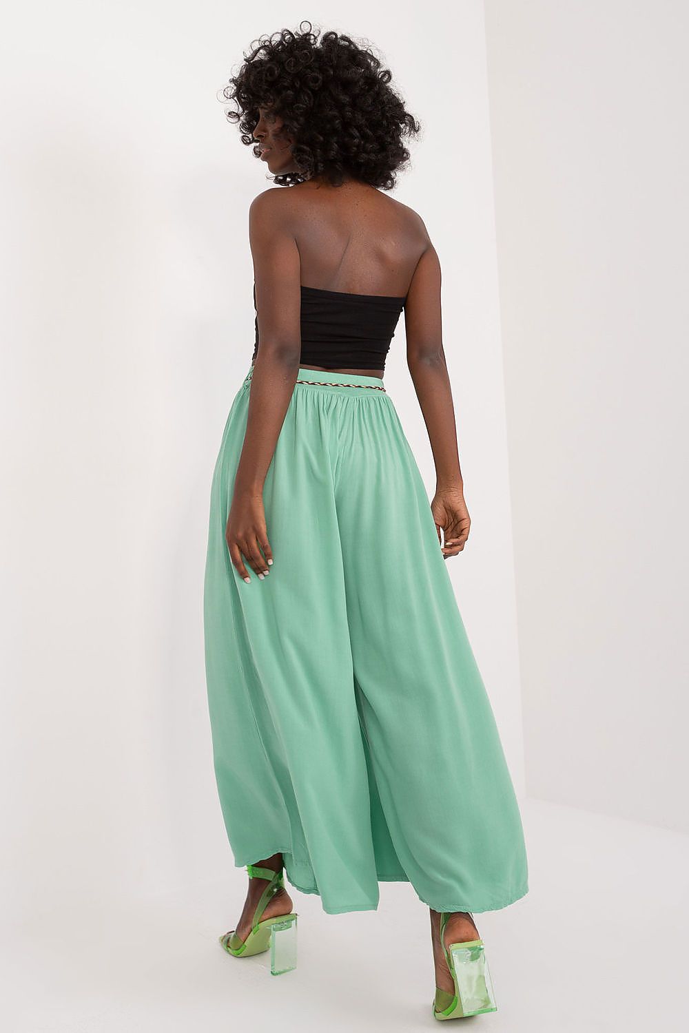 Women's High Waist Wide Leg Viscose Trousers - Elastic Waist with Tie Belt