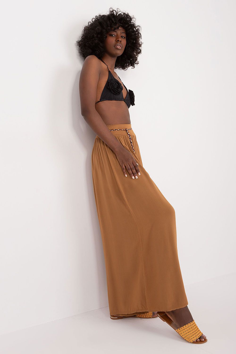 Women's High Waist Wide Leg Viscose Trousers - Elastic Waist with Tie Belt