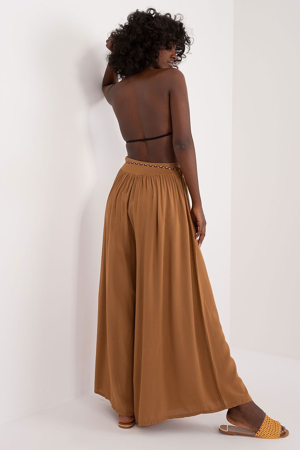 Women's High Waist Wide Leg Viscose Trousers - Elastic Waist with Tie Belt