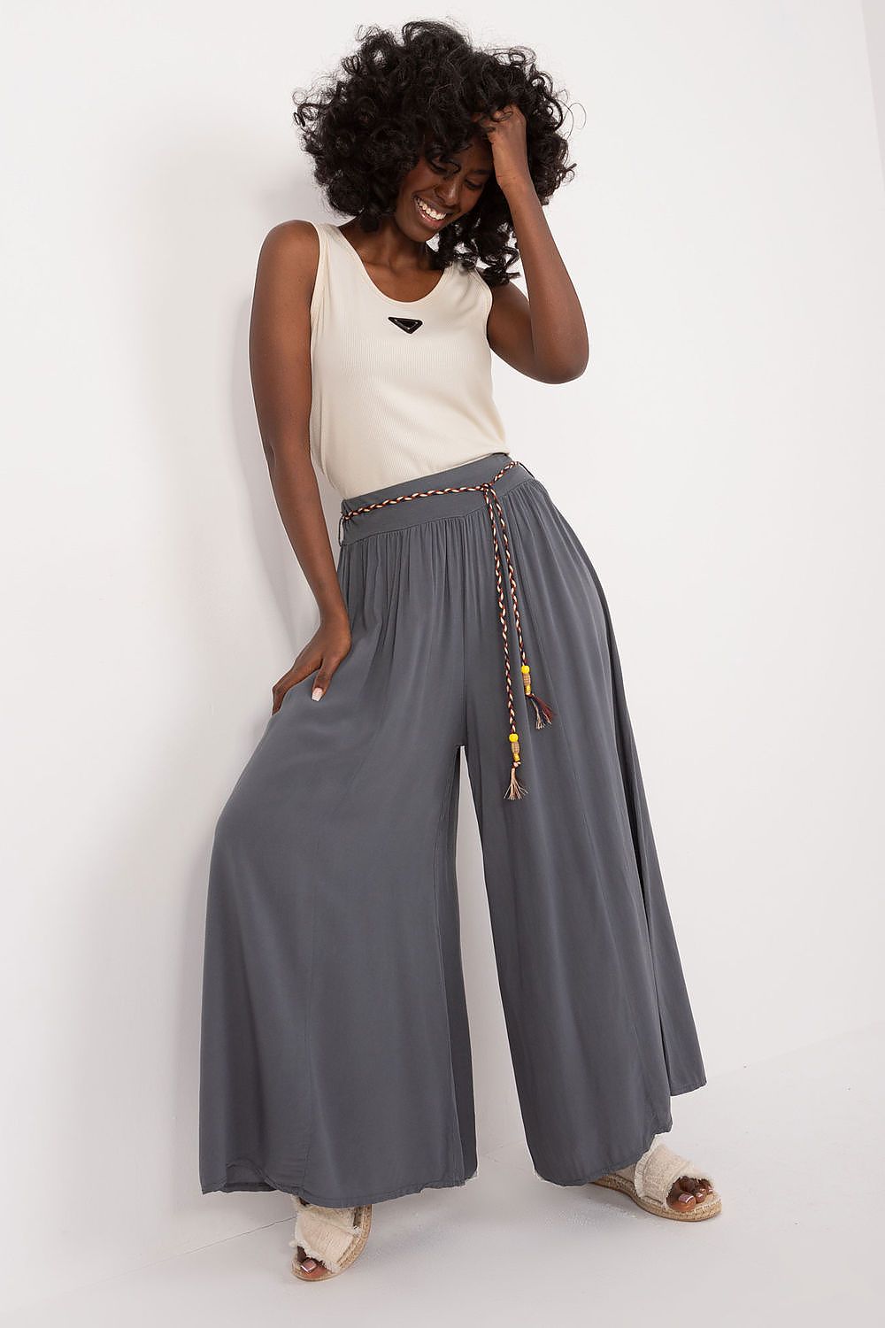 Women's High Waist Wide Leg Viscose Trousers - Elastic Waist with Tie Belt