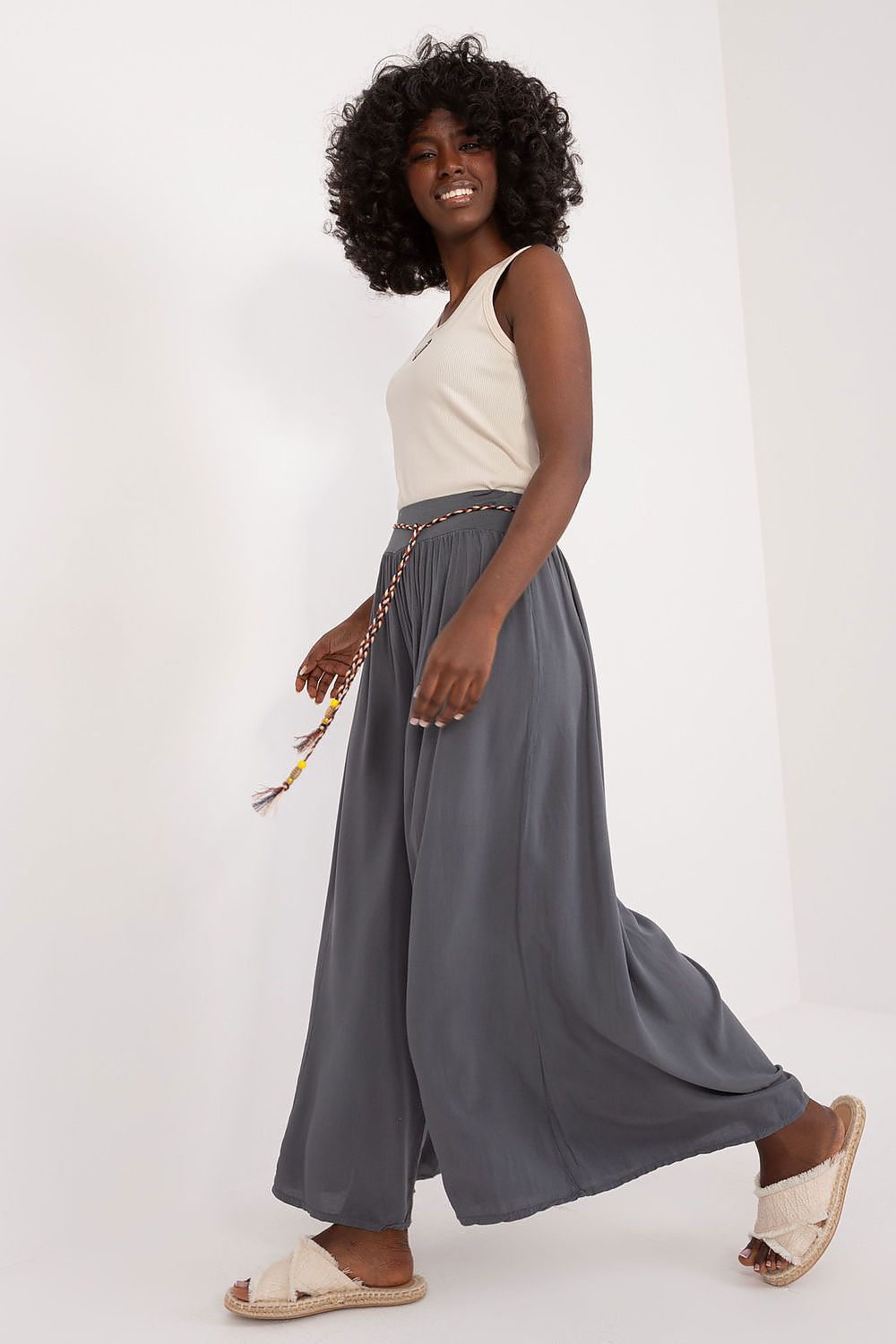 Women's High Waist Wide Leg Viscose Trousers - Elastic Waist with Tie Belt