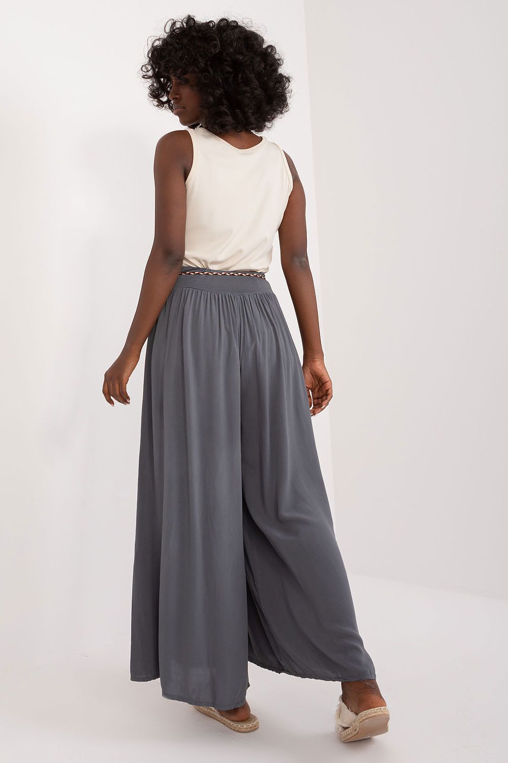 Women's High Waist Wide Leg Viscose Trousers - Elastic Waist with Tie Belt