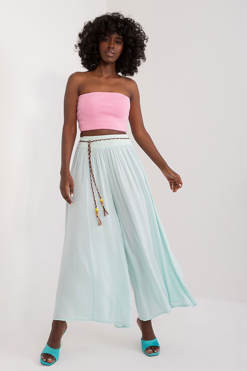 Women's High Waist Wide Leg Viscose Trousers - Elastic Waist with Tie Belt
