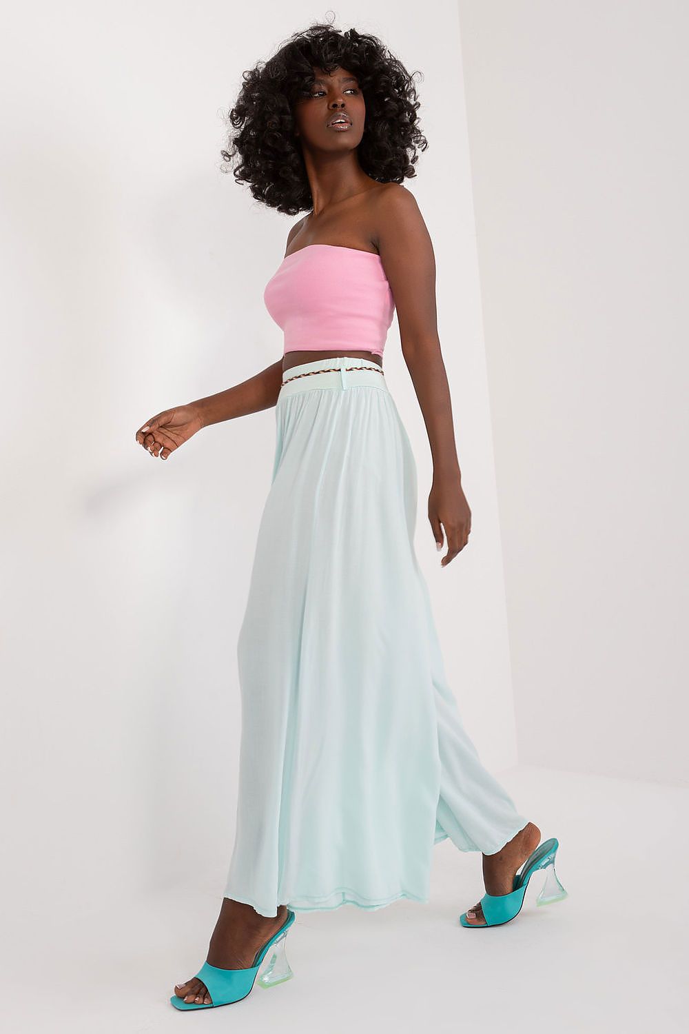 Women's High Waist Wide Leg Viscose Trousers - Elastic Waist with Tie Belt