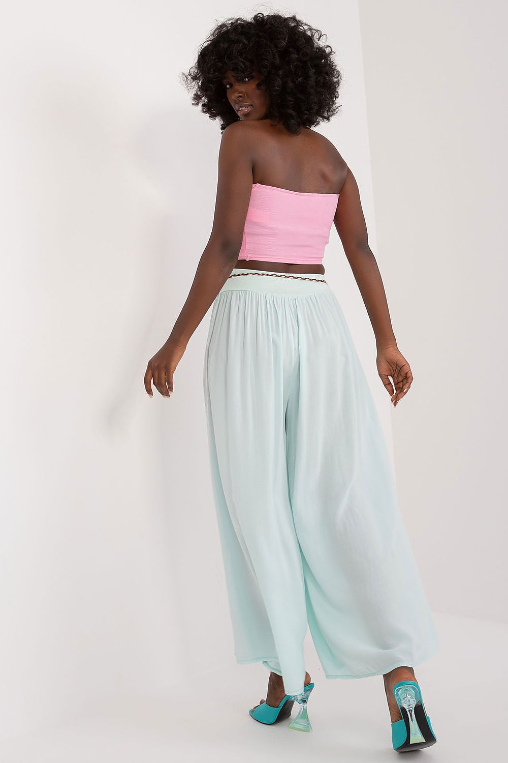 Women's High Waist Wide Leg Viscose Trousers - Elastic Waist with Tie Belt