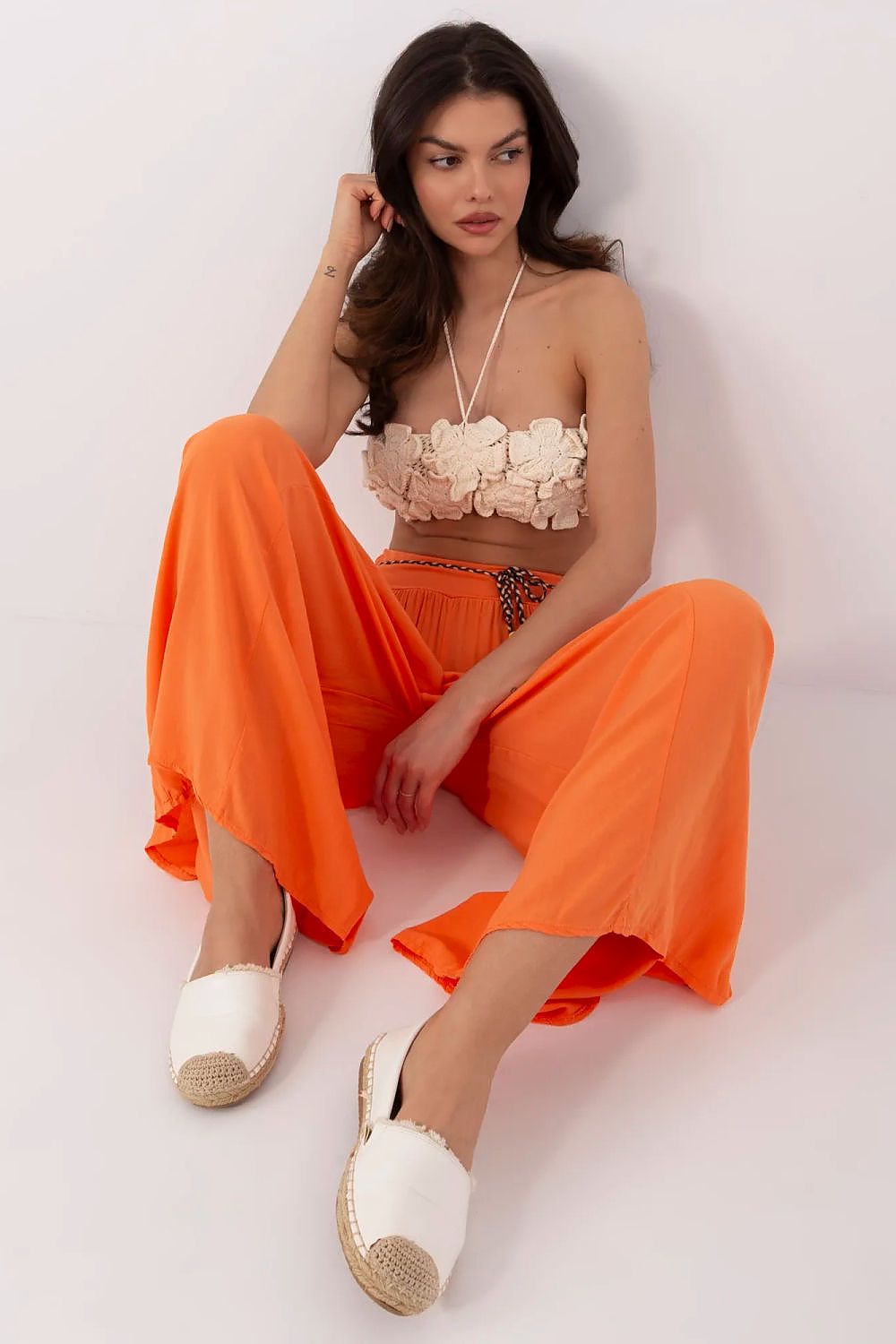 Women's High Waist Wide Leg Viscose Trousers - Elastic Waist with Tie Belt