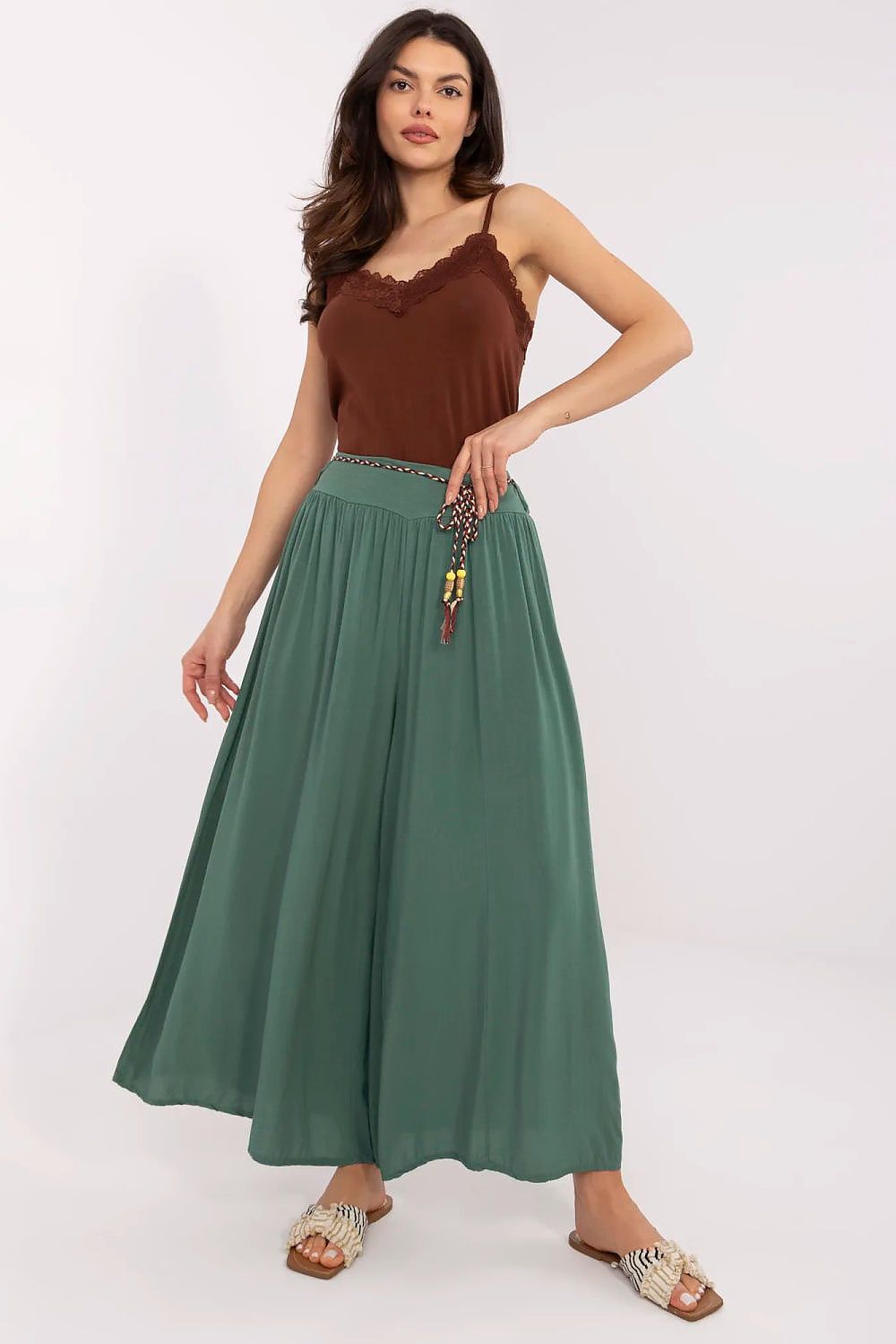 Women's High Waist Wide Leg Viscose Trousers - Elastic Waist with Tie Belt